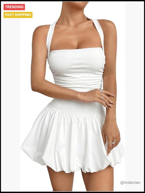 Dresses & Skirts - Polyester Halter Backless Bubble Mini Dress with Built-in Shorts